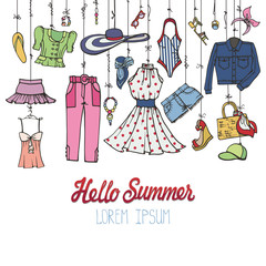 Summer fashion set.Woman colorful wear hanging on rope