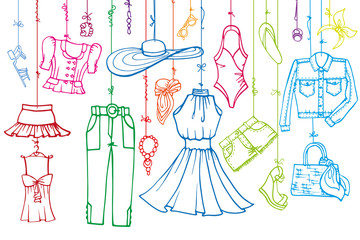 Summer fashion set.Woman linear wear hanging on rope.Horizontall