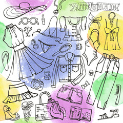 Summer fashion set.Woman,girl  wear,Watercolor stein