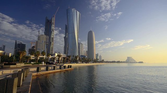 Qatar, Doha, The Corniche, left to right Palm Tower, Al Bidda Tower and Burj Qatar