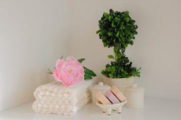 Bath settingin white and pink colors. Towel, aroma oil, flowers, soap. Selective focus, horizontal.
