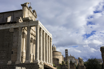 Fototapeta na wymiar Roman Forum temples and churches along the 'Via Sacra' (Sacred Road)
