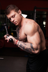 Bodybuilder man with naked torso performing pull down during the triceps workout at the gym