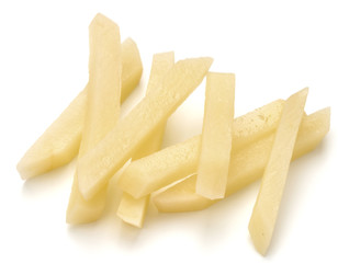 Raw Potato sliced strips prepared for French fries isolated on white background