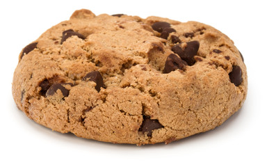 One Chocolate chip cookie isolated on white background. Sweet biscuit. Homemade pastry.