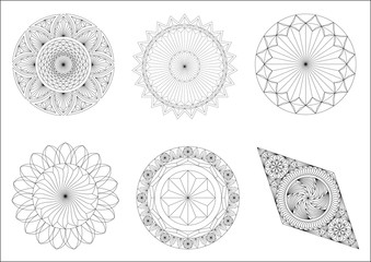 A set of geometric patterns. Circular ornaments
