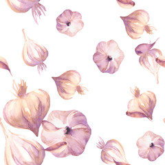 Food vegetable pattern with garlic watercolor. vegetable design in hand drawn watercolor style. Seamless on white background