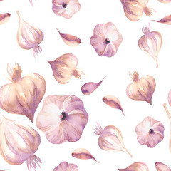 Garlic seamless pattern. Vegetable design in hand drawn watercolor style. White background.