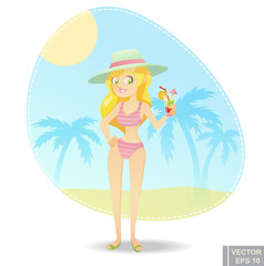 Traveling cartoon character. Happy world travel girl in a swimsuit with a cocktail on the beach