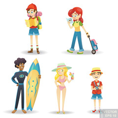 Traveling cartoon character. Happy world travel Set of people on vacation Leisure and recreation