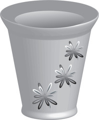 Vase, flower pot is grey with a pattern of small grey flowers. 3 D illustration.