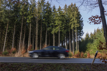Fototapeta premium Wald und Straße: Auto bewegt sich schnell