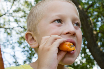 Boy eating a peach