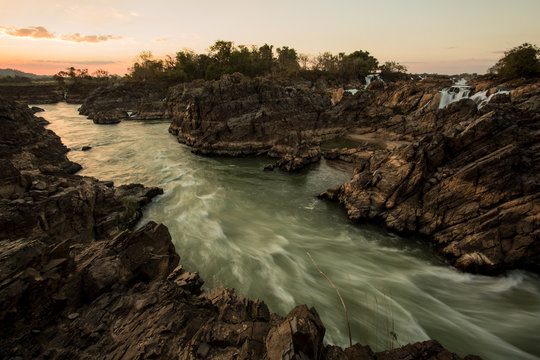 Li Phi waterfall panorama at Don Khon Island