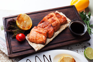 Board, still life, restaurant, grilled salmon fillet