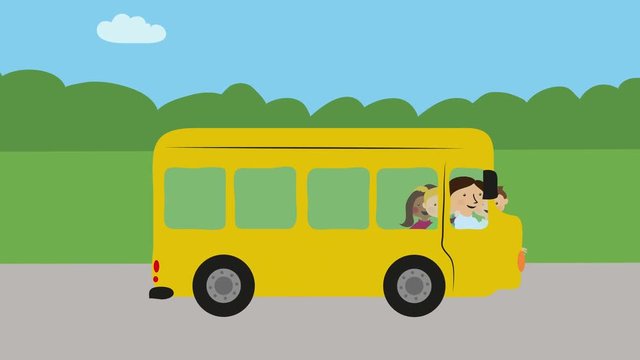 Yellow school bus with children driving in sun and rain. Animation with flat design. Concept of public transportation, childhood and traffic in rural areas.