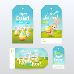 Fototapeta premium Vector set of Gift Tags with title “Happy Easter” and “Egg Hunt” with colored eggs and cute bunny. Labels with spring scene for holiday design. Isolated from the background.
