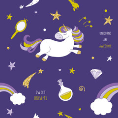 Unicorn on the night sky seamless pattern with stars, rainbow and comets. Cute cartoon character for pajamas, sleepwear, t-shirts design, children room decor.