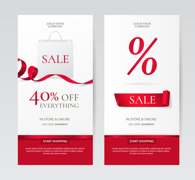 Set of elegant vertical banners with paper shopping bag and red ribbons. Vector templates for discounts offers on the website. Isolated from the background.