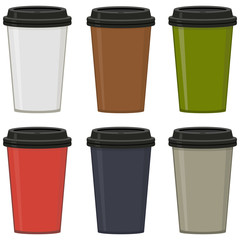 Colored cups with black lid, set. For coffee, espresso, latte, cappuccino. Abstract concept. Vector illustration on white background.