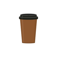 Brown cup with black lid. For coffee, espresso, latte, cappuccino. Abstract concept. Vector illustration on white background.