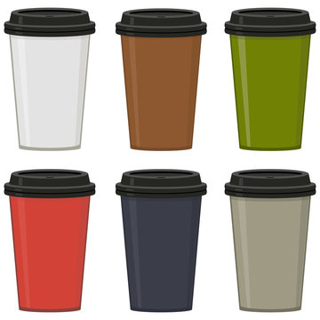 Colored cups with black lid, set. For coffee, espresso, latte, cappuccino. Abstract concept. Vector illustration on white background.