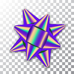 Purple,bow ribbon decor element package Shiny color satin decoration gift present isolated white transparent background. Christmas New Year celebration, birthday holiday design Vector illustration