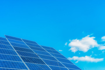 Solar panels on the green field in sunny weather. Vivid colorful image.