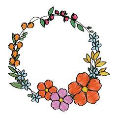 decorative wreath with beautiful flowers icon over white background. colorful design. vector illustration
