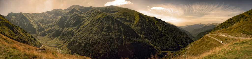 Panoramic view over Carpathian Mountains , Romania in a beautiful summer day - obrazy, fototapety, plakaty