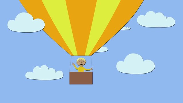 Hot air balloon with happy man flying in blue sky with clouds. Animated character with flat design. Concept of success, adventure and travel.