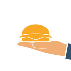 Hamburger holding in hand silhouette. Vector illustration flat style design. Eating fast food. Hamburger pictogram isolated on white background.
