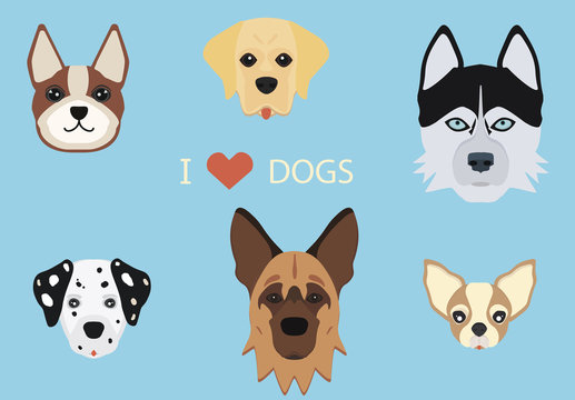 Set Of Flat Cute Cartoon Dogs.
German Shepherd, Siberian Husky, Dalmatian, Boston Terrier, Labrador Retriever & Chihuahua. Flat Style Design Isolated Icons. Vector Illustration. EPS 10.