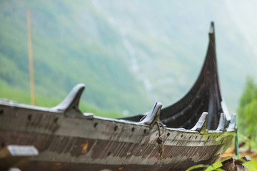Part of old wooden viking boat in norwegian nature