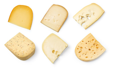 Different kinds of cheeses isolated - obrazy, fototapety, plakaty