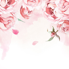 pattern of watercolor pink, rose, and red peonies and leaves on rose background