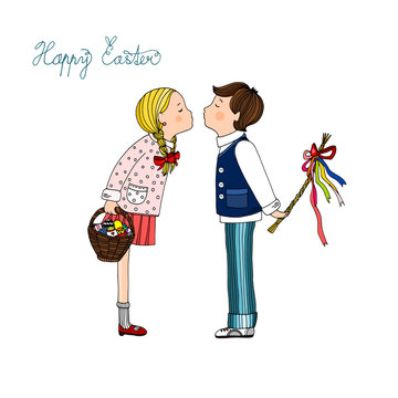 Couple kissing on the Easter Monday, European Easter tradition image, Easter greeting card, hand drawn isolated vector illustration