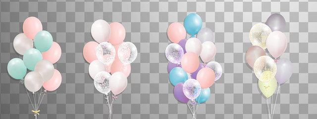 Bunches and groups of colorful helium balloons isolated on transparent background. Frosted party balloon for event design. Party decorations for birthday, anniversary, celebration.