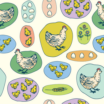 Hen, Little Chickens and Eggs Seamless Pattern