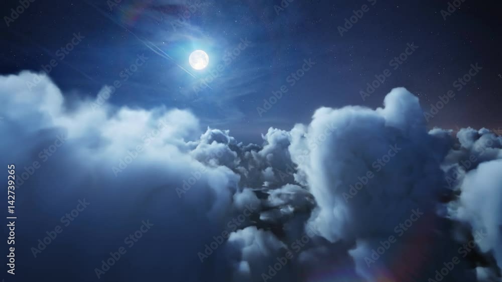 Wall mural flying over the deep night timelapse clouds with moon light. seamlessly looped animation. flight thr