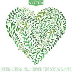 Watercolor .Green branches heart composition.Background