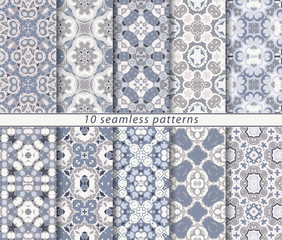 Ten seamless patterns in Oriental style. Eastern ornaments for design fabric, wrapping paper or scrapbooking. Vector illustration in brown colors.