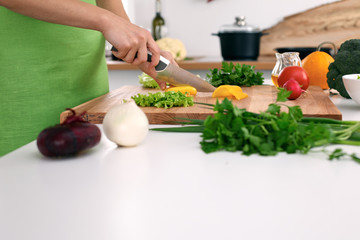 Close up of  woman's hands cooking in the kitchen. Housewife slicing ​​fresh salad. Vegetarian and healthily cooking concept