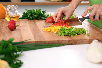 Close up of  woman's hands cooking in the kitchen. Housewife slicing ​​fresh salad. Vegetarian and healthily cooking concept