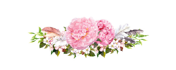 Pink peony flowers, roses, feathers. Watercolor in vintage style