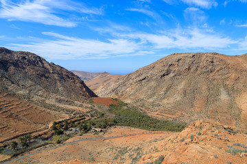 Viewpoint and volcanic mountains landscape of Fuerteventura between Betancuria and Pajara, Canary Islands, Spain