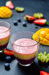 Blueberry mango strawberry kiwi banana greek yogurt smoothies