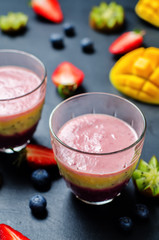 Blueberry mango strawberry kiwi banana greek yogurt smoothies