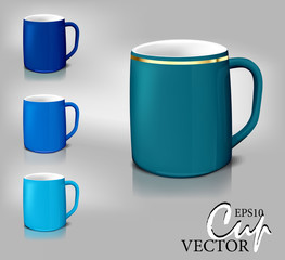cups of different shades blue with a gold border
