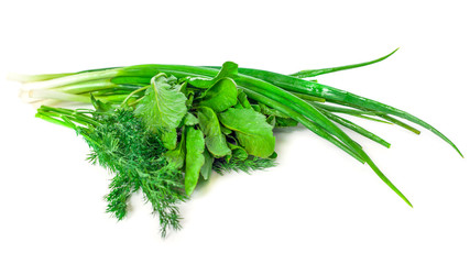 green onion, dill and spinach on a white background